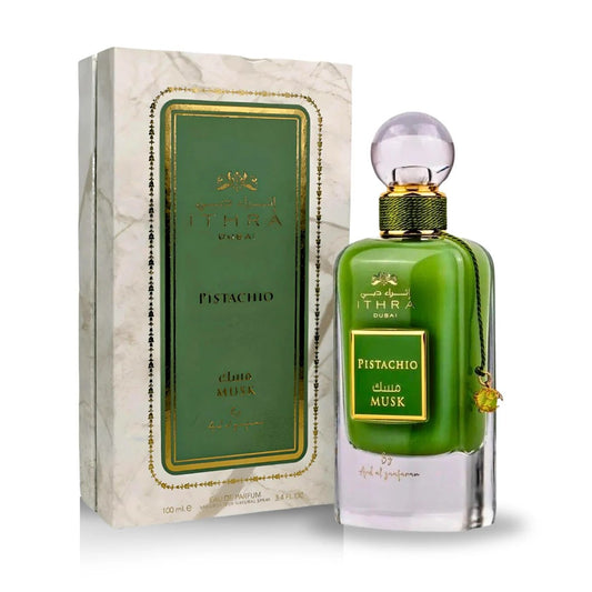 Green perfume bottle with packaging on a white background